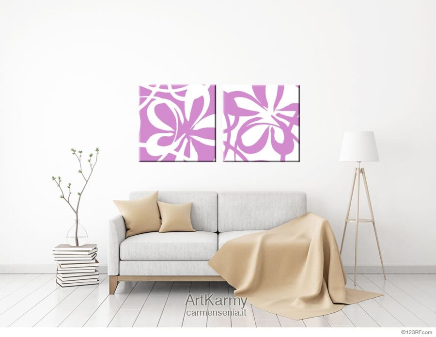 coppia di dipinti fiori astratti viola