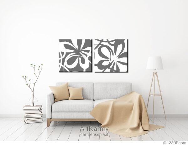coppia di dipinti fiori astratti grigio