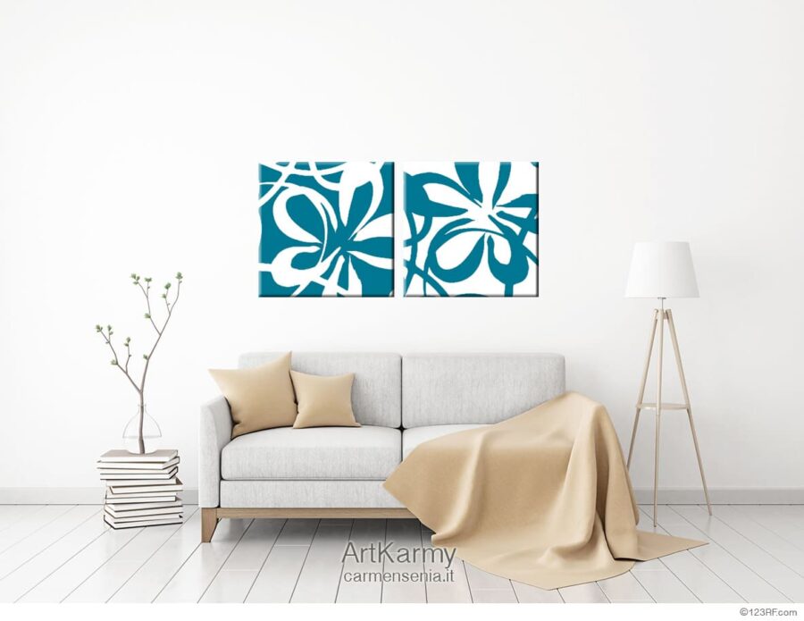 coppia di dipinti fiori astratti azzurro turchese